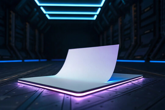 Futuristic digital display pedestal with glowing neon lights and interactive surface for technology showcase