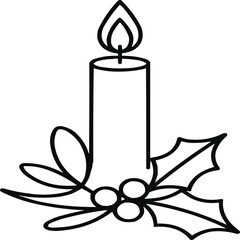 Minimalist Holiday Candle Icon  Single Line Drawing with Flame and Holly