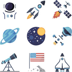 Space Exploration Flat Icon Set  Astronaut, Satellite, and Rocket Elements