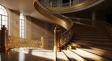 Ornate golden spiral staircase bathed in dramatic sunlight streaming through grand arched windows