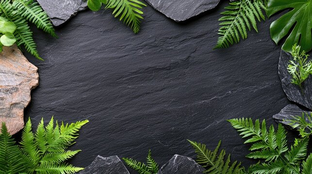 A dark slate surface is framed by lush green ferns and textured rocks, creating a natural border with ample copy space in the center. The lighting is soft and h
