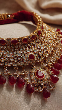 Exquisite gold and ruby traditional indian bridal necklace with intricate design