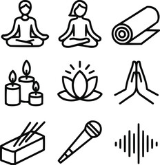 Yoga and Meditation Outline Icons Set  Wellness and Relaxation Symbols