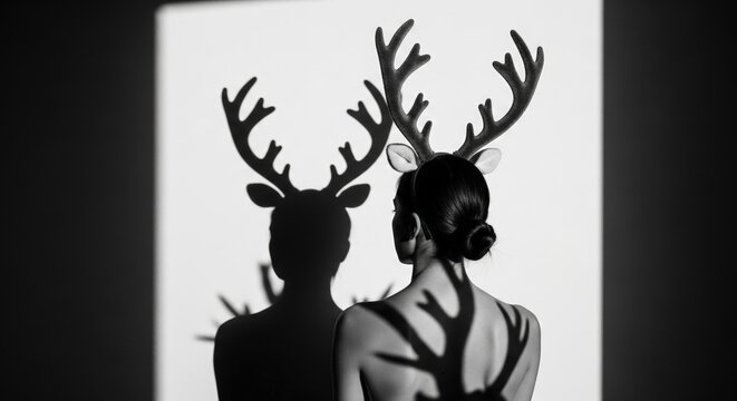 A mysterious woman seen from behind wears antlers, casting a dramatic silhouette shadow on the wall in this artistic black and white photograph.