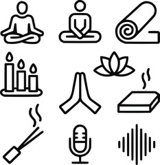 Yoga and Meditation Outline Icons Set  Wellness and Relaxation Symbols