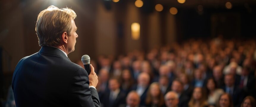 A captivating speaker inspires at a bustling business conference. Ideal for illustrating leadership, professional development, and the power of networking opportunities.
