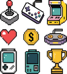 Retro Gaming Pixel Icon Set  Classic Console and Game Elements