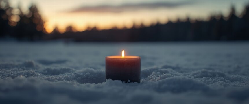 A single candle glows warmly against a snowy backdrop, creating a peaceful winter scene ideal for holiday cards or reflecting on a tranquil season, evokes serenity.