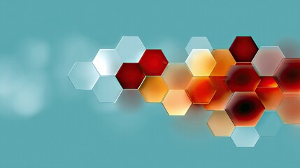 A collection of translucent hexagonal shapes arranged in a pattern, featuring warm red, orange, and yellow tones contrasted with cool white and light blue. The