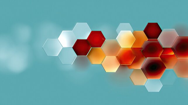 A collection of translucent hexagonal shapes arranged in a pattern, featuring warm red, orange, and yellow tones contrasted with cool white and light blue. The