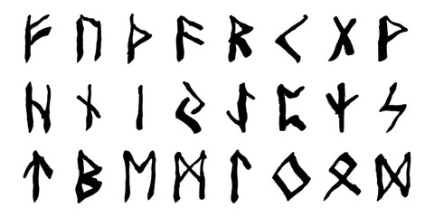 Set of hand drawn viking runes Ancient scandinavian futhark germanic celtic alphabet clipart in doodle style Single element for print, web, design, decor