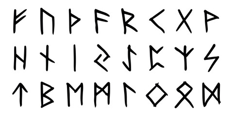 Set of hand drawn viking runes Ancient scandinavian futhark germanic celtic alphabet clipart in doodle style Single element for print, web, design, decor