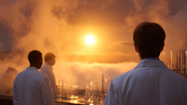 Scientists in lab coats observe a dramatic sunlit misty industrial landscape with laboratory equipment