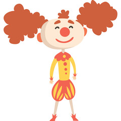 Joyful Cartoon Clown Character with Orange Curly Hair and Red Nose Wearing Yellow and Red Jester Outfit with White Background