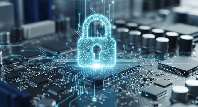 Cyber security concept glowing padlock on a computer circuit board