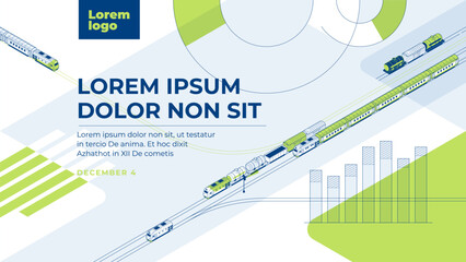 Railway transportation: passenger and freight. Presentation cover or background in isometric projection