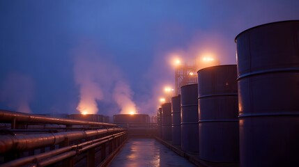 Obraz premium An industrial complex at twilight featuring rows of storage drums pipelines and rising steam illuminated by warm lights