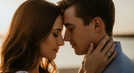 Authentic human connection between a loving couple, foreheads touching, in golden light. Symbolizes deep intimacy, affection, and lasting bonds
