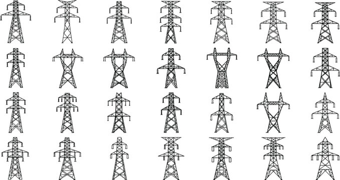 Silhouette collection of diverse transmission tower designs with lattice structures and insulators, vector illustration for stock content in electricity distribution and engineering infrastructure