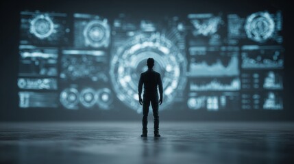 Navigating the digital seas: a businessmanâ€™s guide to data science. Futuristic screens. A businessman delves into the world of ai-enhanced data on a virtual screen. Intelligent screens.