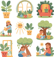 Biophilia & Comfort Icons  Flat Vector Mini-Illustrations for Kids