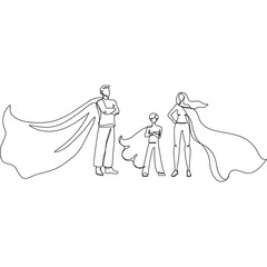 Line Art Silhouette of a Family Posed Like Superheroes with Capes Flowing on a White Transparent Background Representing Strength Unity and Protection