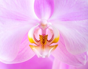 Close-up of a delicate pink orchid with yellow and white details