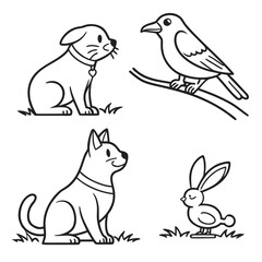 A charming collection of simple black and white line art illustrations featuring a playful puppy a curious bird perched on a branch a friendly dog and an adorable bunny in a grassy field