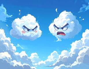 Cartoon clouds with angry expressions, set against a bright blue sky
