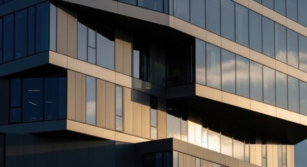 Close up view of a modern building with geometric design and windows
