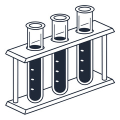Three laboratory test tubes filled with dark liquid and bubbles stand upright in a wooden rack depicted in a clean isometric line art illustration style © Mamun