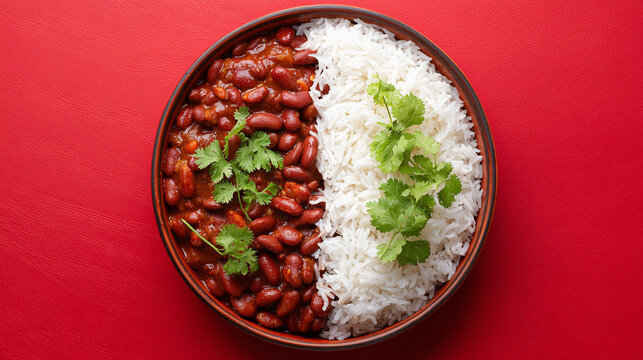 Hearty indian rajma chawal kidney bean curry with fluffy white rice and fresh cilantro