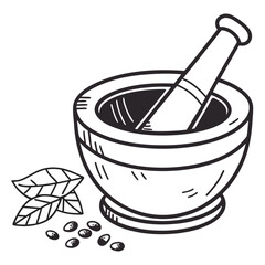 A hand drawn black and white illustration of a mortar and pestle with fresh basil leaves and peppercorns nearby perfect for culinary or herbal themes