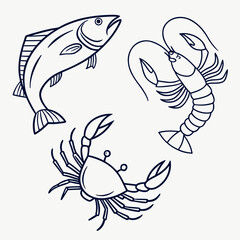A stylized line drawing of a fish a lobster and a crab arranged in a circular pattern against a plain background representing seafood