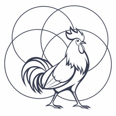 Stylized line art illustration of a proud rooster standing in front of overlapping geometric circles creating a sense of movement and cosmic connection