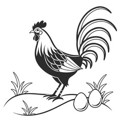 A striking black and white silhouette illustration of a proud rooster standing tall amidst blades of grass with two eggs nestled nearby on a simple landscape