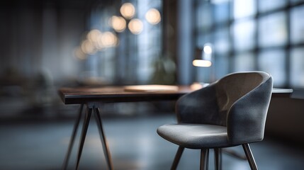Modern office workspace interior design blurred background abstract desk room dark wood gray chair. High quality