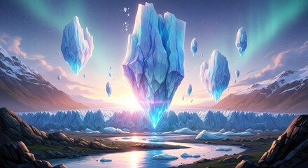 Floating ice formations over a glacial landscape with aurora borealis