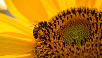 Close-up of a bee on a sunflower, illuminated by warm sunlight