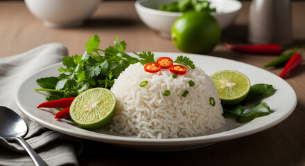 Exquisite Cuisine Presentation: a visually stunning overhead shot capturing the perfect balance of fresh herbs, zesty lime wedges, and vibrant red chili, served alongside a fluffy mound of rice.