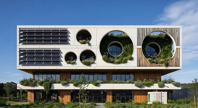 Modern Sustainable Building with Circular Windows and Greenery Accents.