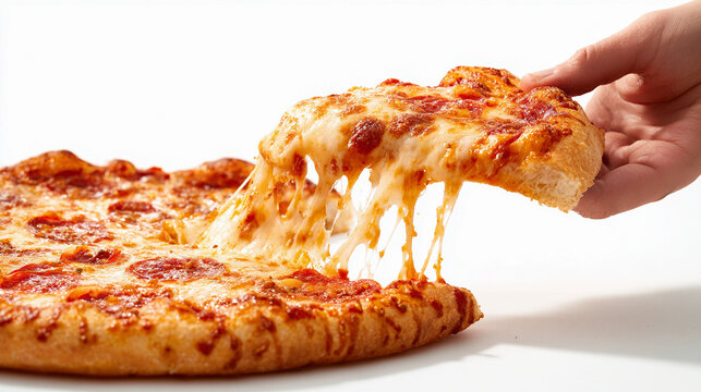 Hand taking a cheesy slice of pepperoni pizza with melted cheese stretching, isolated on white - Powered by Adobe