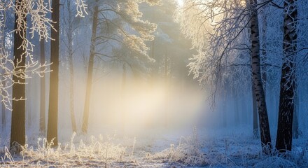 Winter forest scene with frost covered trees and ground with bright light