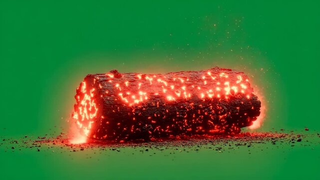 Glowing hot charcoal log smoldering with embers on a green screen