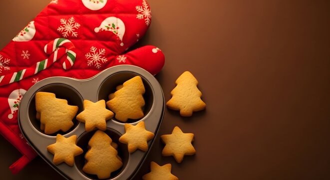 Festive christmas cookies in heart shaped pan with holiday oven mitt