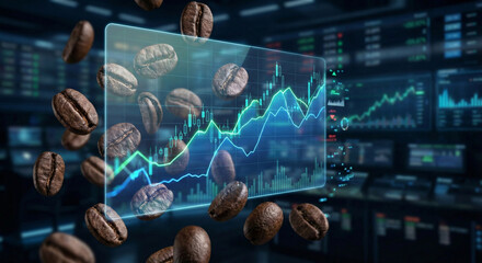 Floating Coffee Beans with Holographic Digital Stock Market Chart