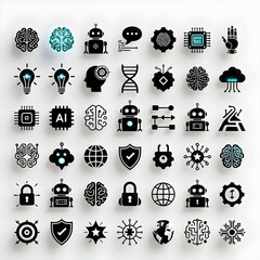 Set of various artificial intelligence, technology, and science themed icons isolated on white background