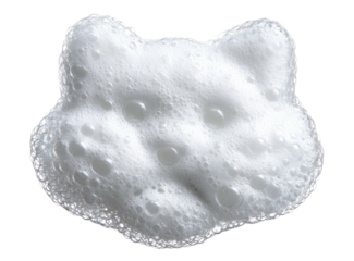 Foamy, white cat-shaped soap suds on black backdrop, bubbly texture