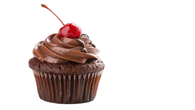 A delicious chocolate cupcake topped with rich chocolate frosting and a bright red cherry, isolated on transparent background