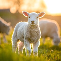 Fototapeta premium Adorable lamb standing in sunlight with out-of-focus sheep